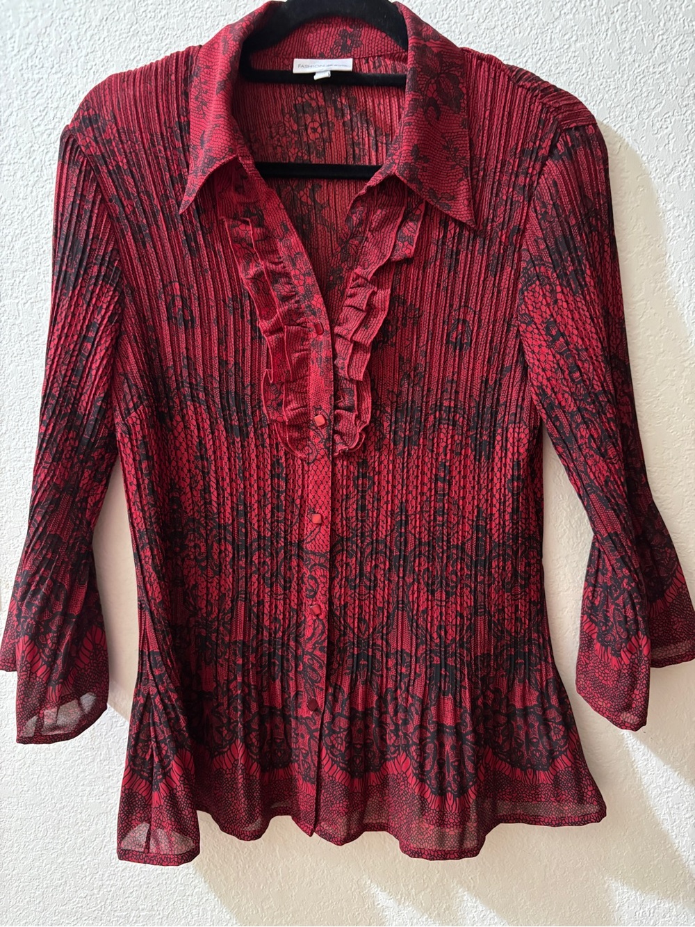 Fashion Bug Red and Black Ruffled Button-Front Blouse